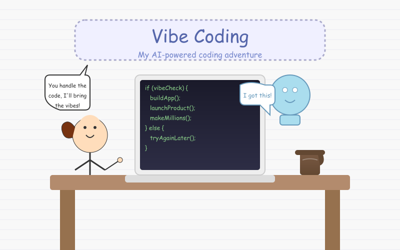 Cartoon illustration of vibe coding: A developer character points at a laptop while saying "You handle the code, I'll bring the vibes!" to a friendly robot AI assistant who responds "I got this!" The laptop screen displays humorous code snippets including functions like makeMillions(). A coffee cup sits nearby on a desk, with a casual "Vibe Coding" title banner above the scene.