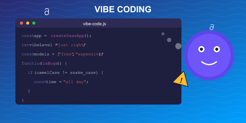AI-assisted vibe coding illustration showing code editor with camelCase vs snake_case bug and AI assistant - visual representation of building a SaaS platform with Cline bot